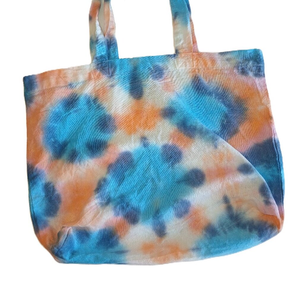 Tie Dye Cotton Reusable Grocery Tote Bag With Colorbursts in Orange Blue & Pink - Picture 9 of 16